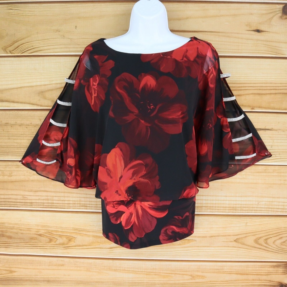 Prelude Blouse Red Rose All-Over Print Womens Sz M Black Floral Lined Polyester